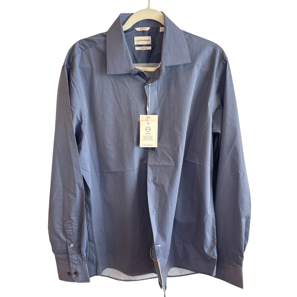 Lucky Brand Mens Slim‎ Fit Stretch Dress Shirt Blue Weave Print TJLBAW029SLP L